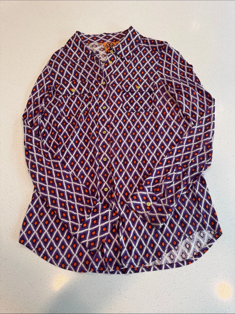 Tory Burch Purple Diamond-Print Button Down Shirt